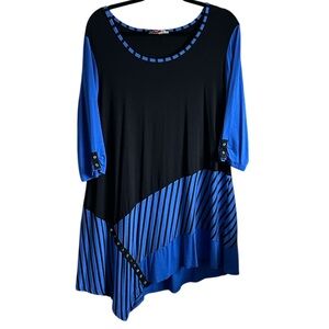 Vintage Inside Out Asymmetrical Scooped Neck Blue Black Tunic Top 3/4 Sleeve XL